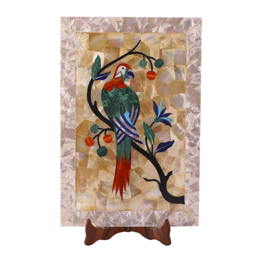 Handmade White Marble Serving Tray Inlay Bird Mosaic Art