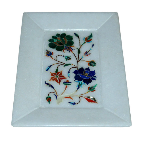 7" x 5" Home Decorative White Tray Inlaid Lapis Lazuli Gemstone