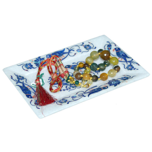 Parrot Marquetry Art Inlay White Marble Serving Tray
