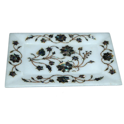 Antique Art Work Inlay Marble Serving Tray For Kitchen