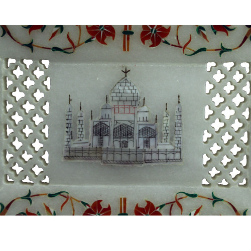 6" x 4" Beautiful Taj Mahal Picture Inlaid White Decorative Tray