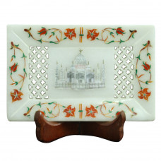 6" x 4" Beautiful Taj Mahal Picture Inlaid White Decorative Tray