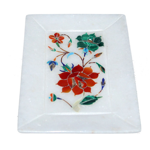 Beauiful Flower Inlaid White Marble Decorative Tray