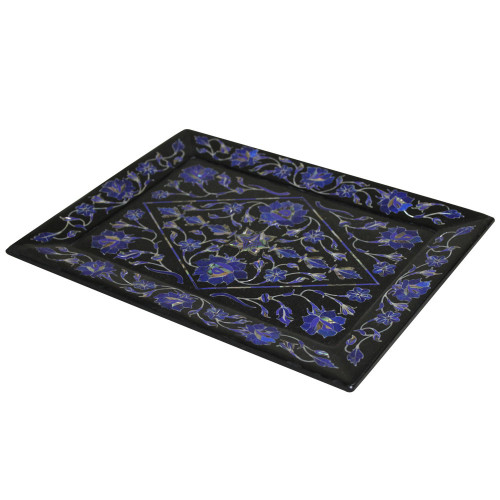 Luxury Black Marble Tray For Round Table With Pietra Dura Work