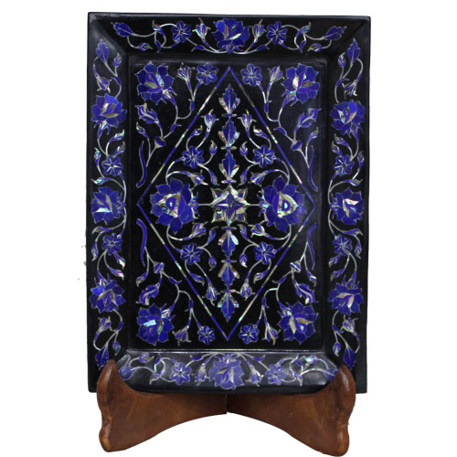 Luxury Black Marble Tray For Round Table With Pietra Dura Work