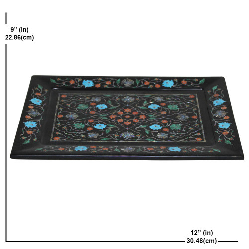 Black Marble Tray Inlay Traditional Indian Pietra Dura Art Work