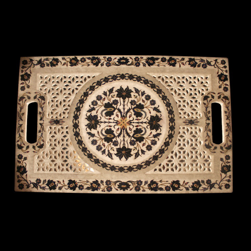 Decorative White Marble Inlay Tray Pietra Dura Art