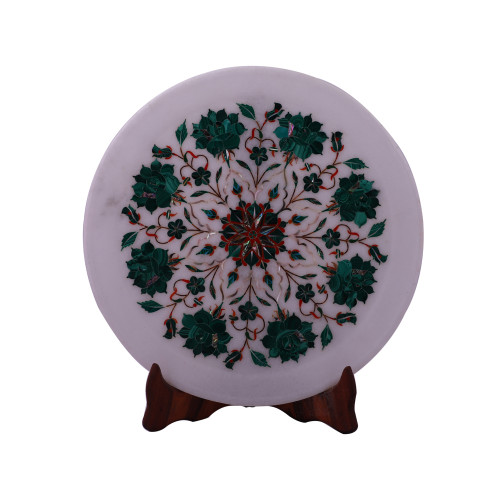 Home Decor White Marble Wall Plate Inlaid With Malachite Gemstone