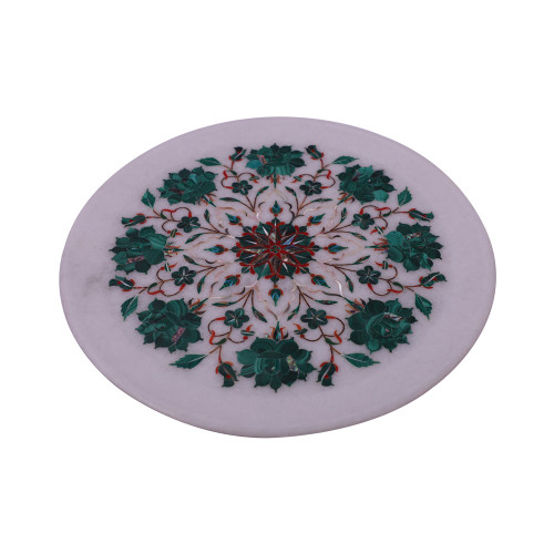 Home Decor White Marble Wall Plate Inlaid With Malachite Gemstone