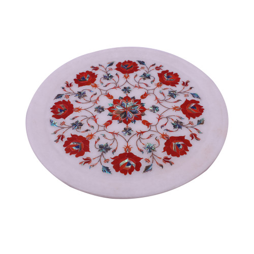 Decorative White Marble Plate Inlaid With Carnelian Gemstone