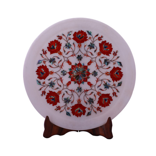 Decorative White Marble Plate Inlaid With Carnelian Gemstone