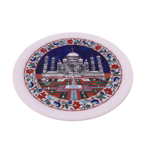 Taj Mahal Inlaid White Marble Decorative Plate