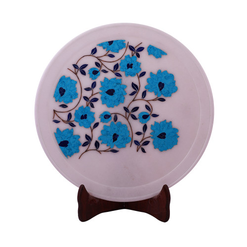 Home Decor White Marble Plate Inlaid With Turquoise Gemstone
