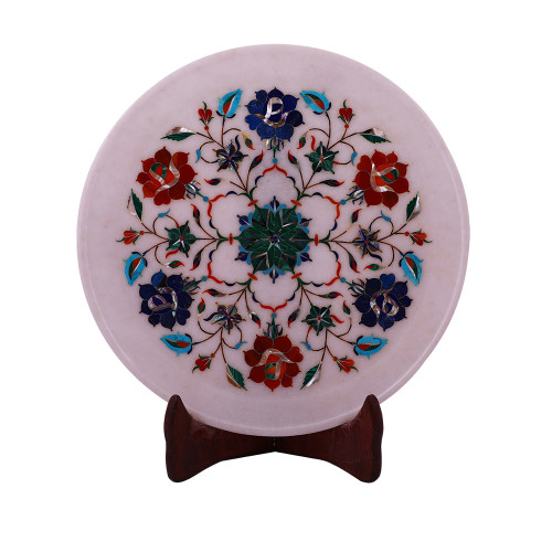 Flower Decorative White Marble Wall Plates Inlaid With Semiprecious Stones