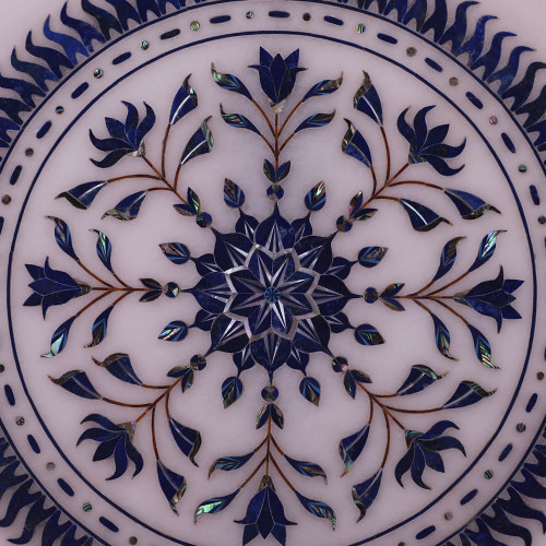 Decorative White Marble Plate Inlaid With Lapislazuli Gemstone