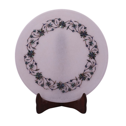 White Marble Plate Inlaid With Paua Shell Gemstone