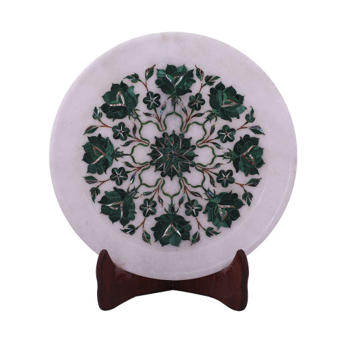 Home Decorative White Marble Inlay Plate Inlaid With Malachite Gemstone
