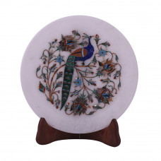 Peacock Decorative White Marble Inlay Plate