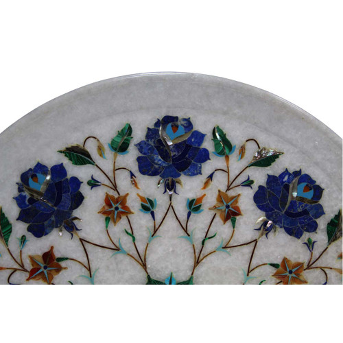 Antique White Marble Plate Inlaid Lapis Lazuli Stone