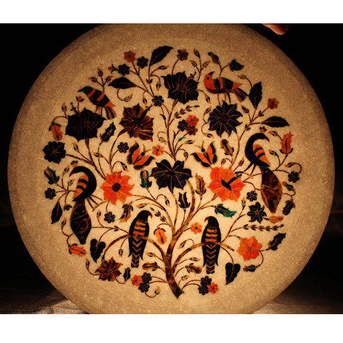 Beautiful White Marble Peacock Marquetry Art Inlay Plate