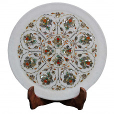 Wall Decorative White Marble Tray Inlaid Carnelian Gemstone