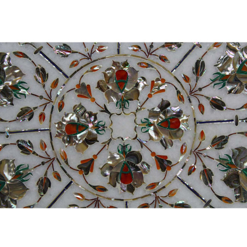 Wall Decorative White Marble Tray Inlaid Carnelian Gemstone