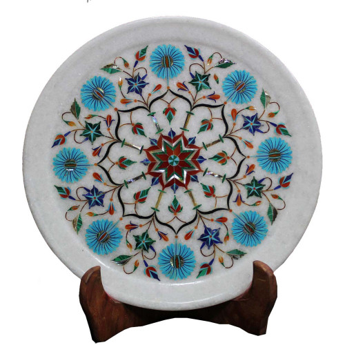 Real Gemstone Inlaid White Marble Home Decorative Plate