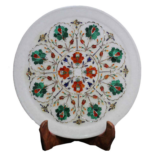 Handmade Malachite Gemstone Inlaid White Marble Plate