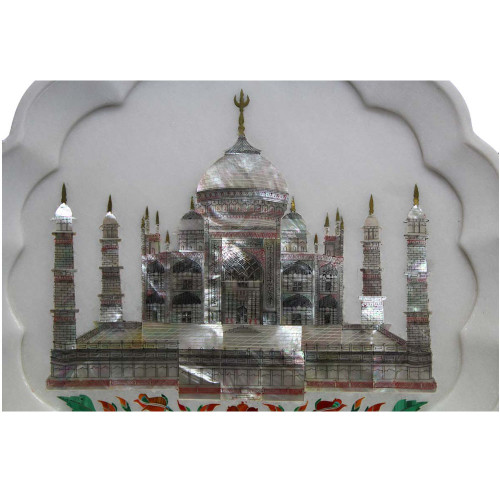 Taj Mahal Art Inlay White Marble Decorative Tray