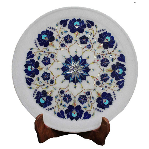 Home Decorative White Marble Plate Inlaid Lapislazuli Stone
