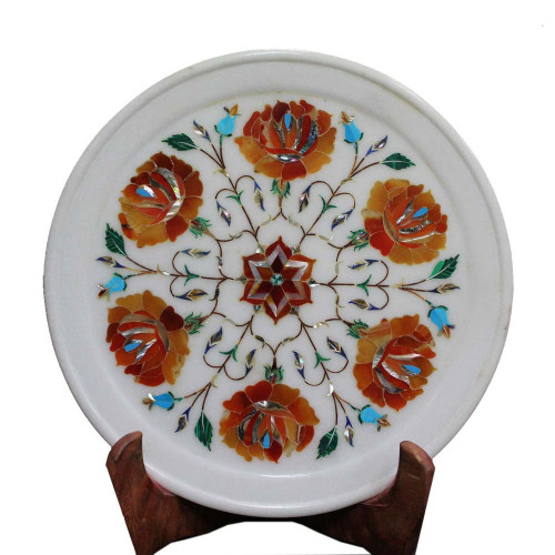 Antique Mid Century Art Inlay White Marble Wall Plate