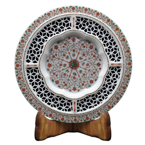 Handicrafts Paradise Marble Round Decorative Plate Floral Work