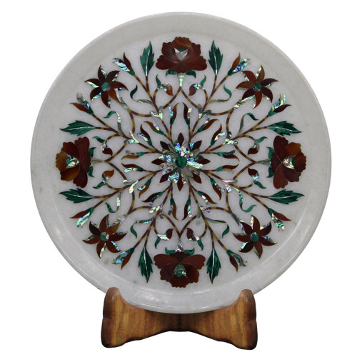 Round White Marble Inlay Plate Floral Pietra Dura