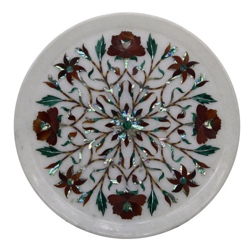 Round White Marble Inlay Plate Floral Pietra Dura