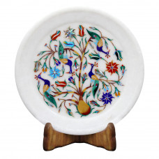 Decorative Round White Marble Peacock Pietra Dura Wall Plate