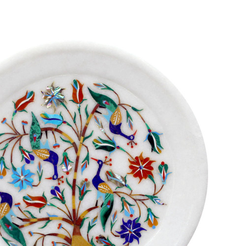 Decorative Round White Marble Peacock Pietra Dura Wall Plate