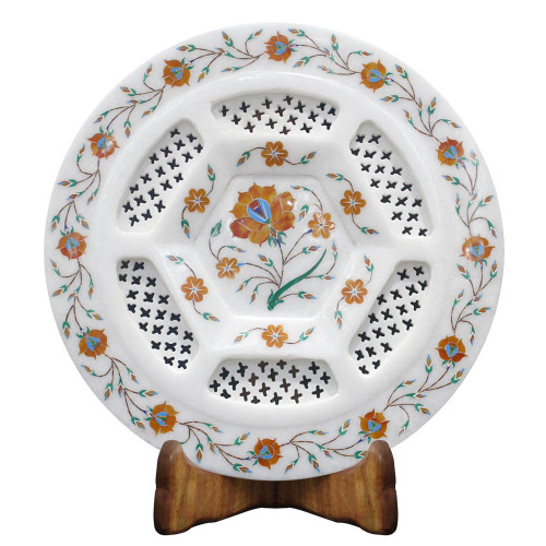 Floral Design White Marble Inlay Plate Filigree Work