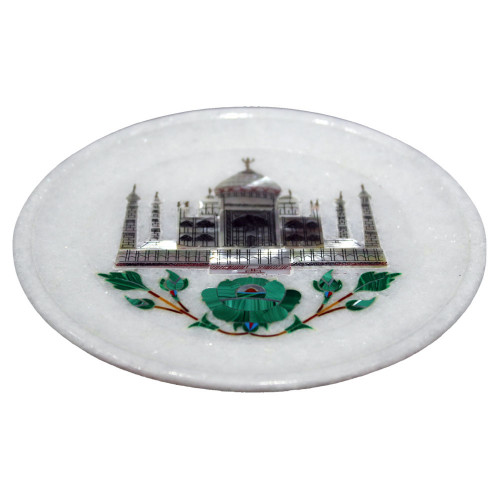 Tajmahal Inlaid White Marble Display Plate For Home Decor