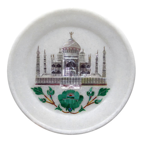 Tajmahal Inlaid White Marble Display Plate For Home Decor